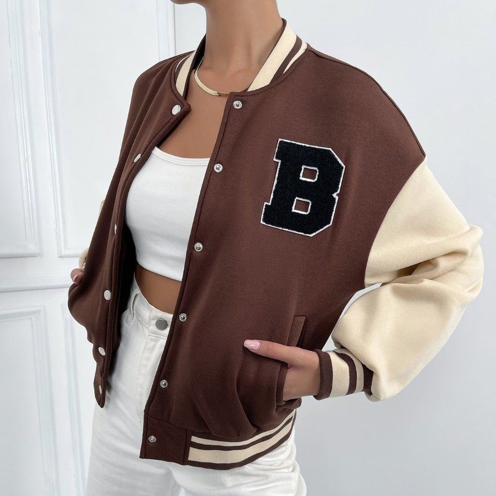New Letter Patched Striped Trim Drop Shoulder Varsity Jacket Brown 226